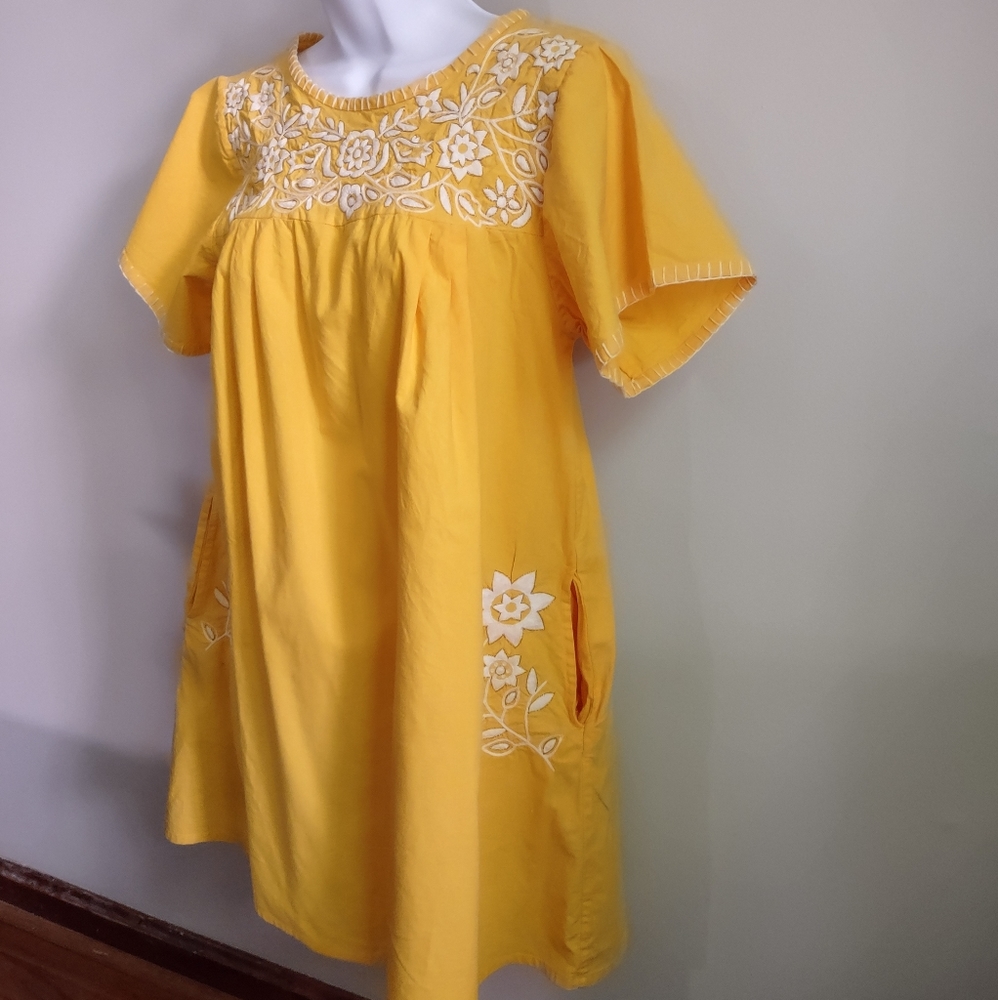Pink City Prints Dress Yellow Embroidered Mexican XS